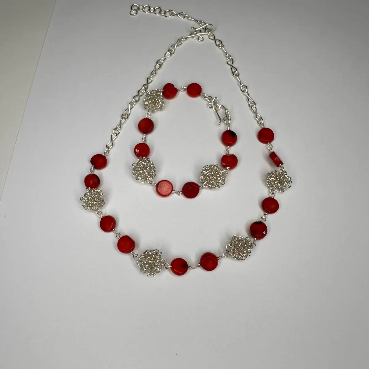 Coral set Short Necklaces, bracelet and earrings Silver Wired with Red Beads  Accents Jewelry Pieces