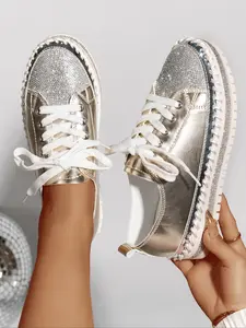 Women's Shiny Rhinestone Embellishment Sneakers, Fashionable Flat Casual Shoes, Comfortable Multi-Functional Lace-Up Flats, Plus Size Available