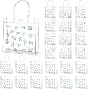 24Pcs Blue Bow Seashell Clear PVC Gift Bags with Handles Ocean Seashell Starfish Goodie Treat Candy Bag Blue Coastal Party Favor Bags for Summer Beach Wedding Bachelorette Birthday Party Supplies