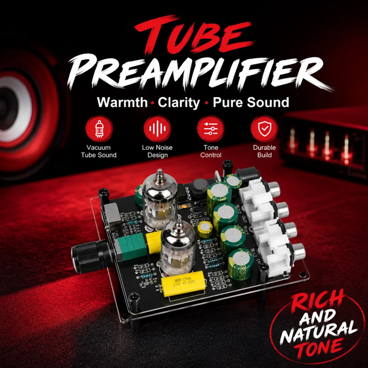Tube Preamp with 3-Gear Tone Control – Upgrade Your Desktop Sound System, HiFi Audio Preamplifier for Studio & Home