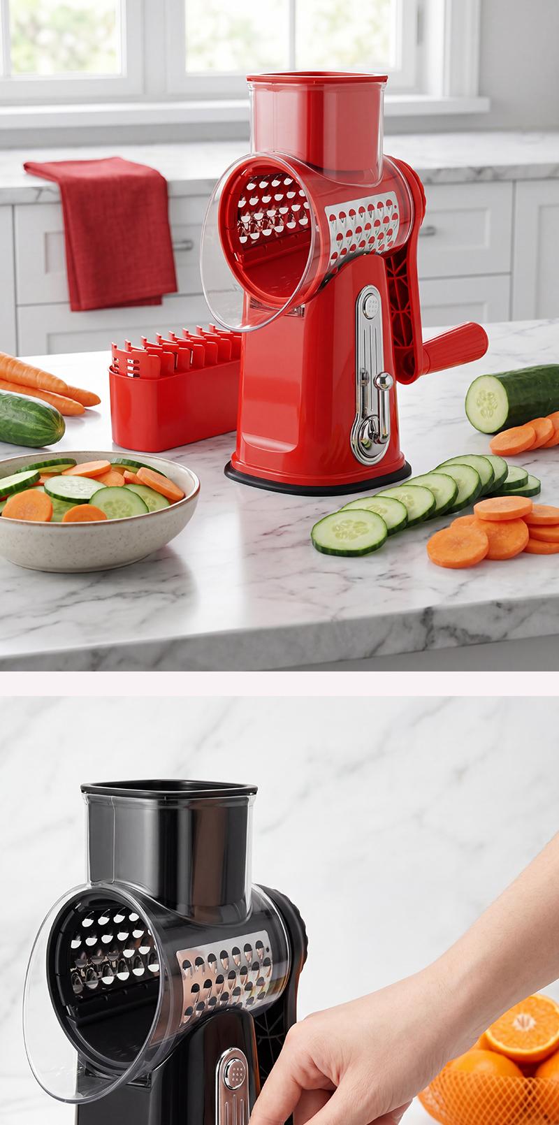 SUSTEAS Rotary Cheese Grater Hand Crank Food Chopper with Handle, 5 Well-Designed Blades, Strong Suction Cup Base, Blade Storage Box, Removable Parts for Simple Cleanup, No Power Home Cooking Tool for Wavy Cuts,sohochic