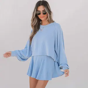 Sky Blue Corded Lantern Sleeve Top High Waist Ruffled Mini Skort Set