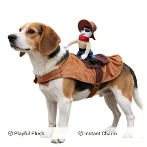 Western Cowboy Ride-On Pet Costume for Dogs & Cats Plush Rider Doll with Cowboy Hat & Sunglasses, Quick-On Velcro, Photo-Ready Outfit, Sizes S–XL