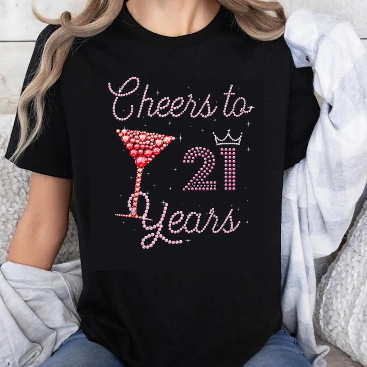 Women's 100% Cotton Casual Short-Sleeve T-Shirt - Round Neck, Comfortable Fit Garment, Outdoor Top with Rhinestone Martini Glass & "Cheers to 21 Years" Print, 21st Birthday Tropical Beach Gift