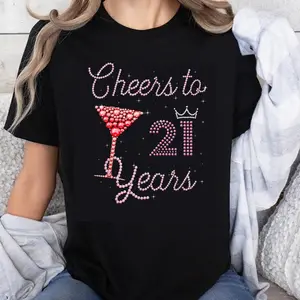 Women's 100% Cotton Fabric Tee, Short-Sleeve Round Neck 21st Birthday Shirt with Rhinestone Martini Glass, "Cheers to 21 Years" Party Celebration Gift Top