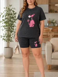 Women's Plus Size Acid Wash Look T Shirt and Shorts Set, Pink Cartoon Panther Graphic, Casual Two Piece Outfit 1XL-5XL