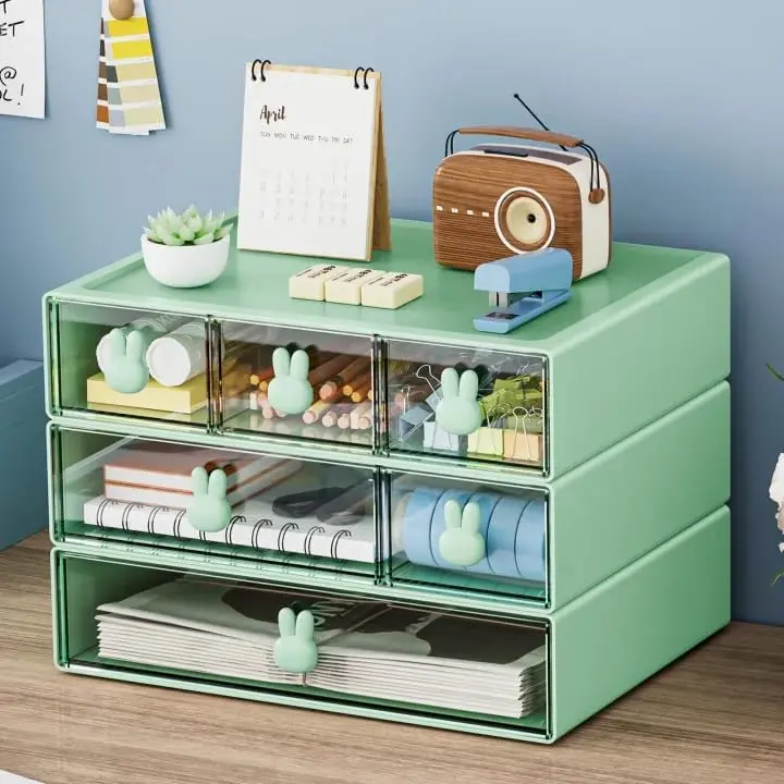 Desk Organizer with 6 Drawers, 3 Tier Stackable Storage Drawers Plastic Makeup Storage, Office Organizers and Storage, Desk Storage Box for Office, School, Home Green