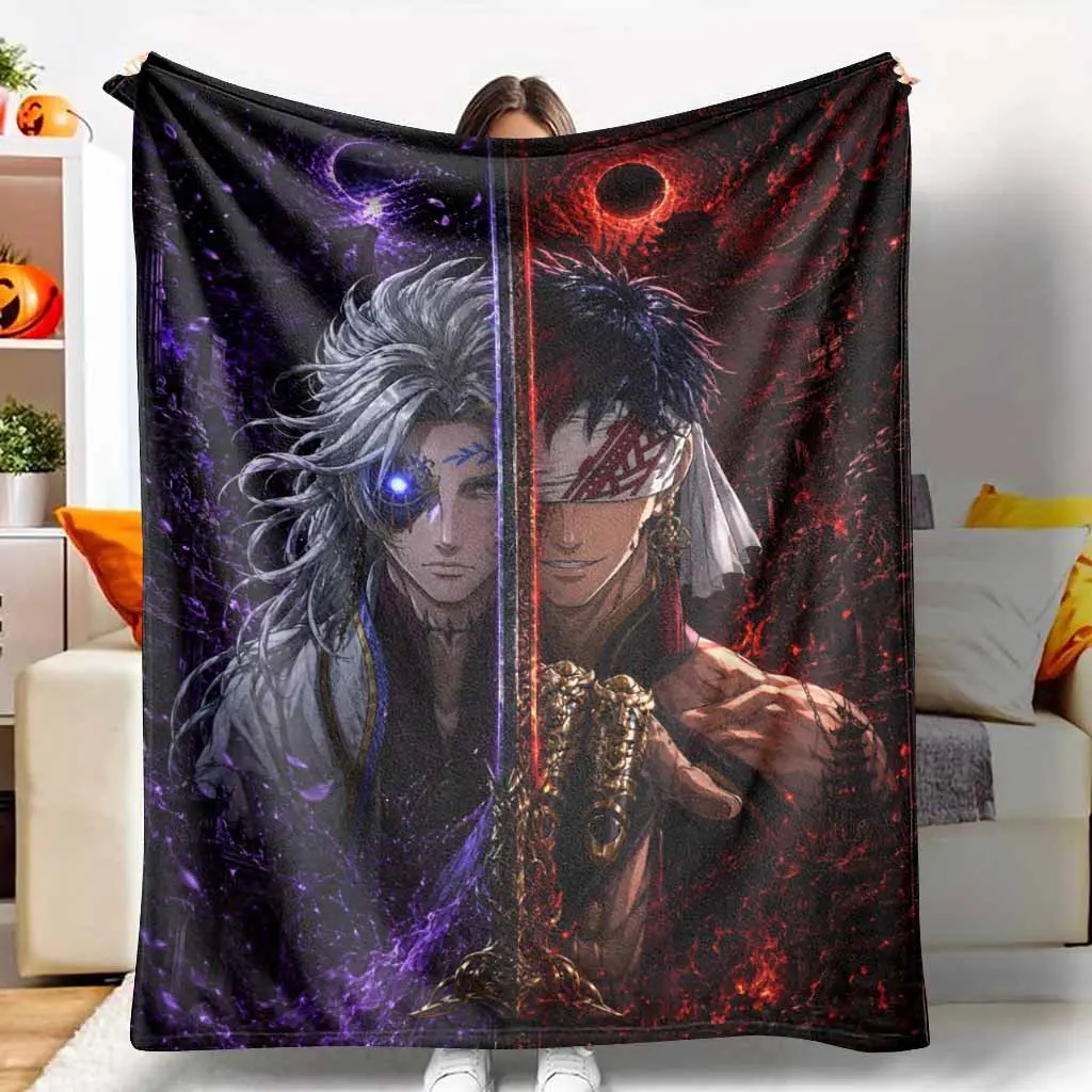 Dark Fantasy Warrior Flannel Blanket Purple Red Eclipse Dual Swordsman Print Soft Warm Lightweight Plush Throw for Sofa Bedroom Dorm Gaming Room Gift