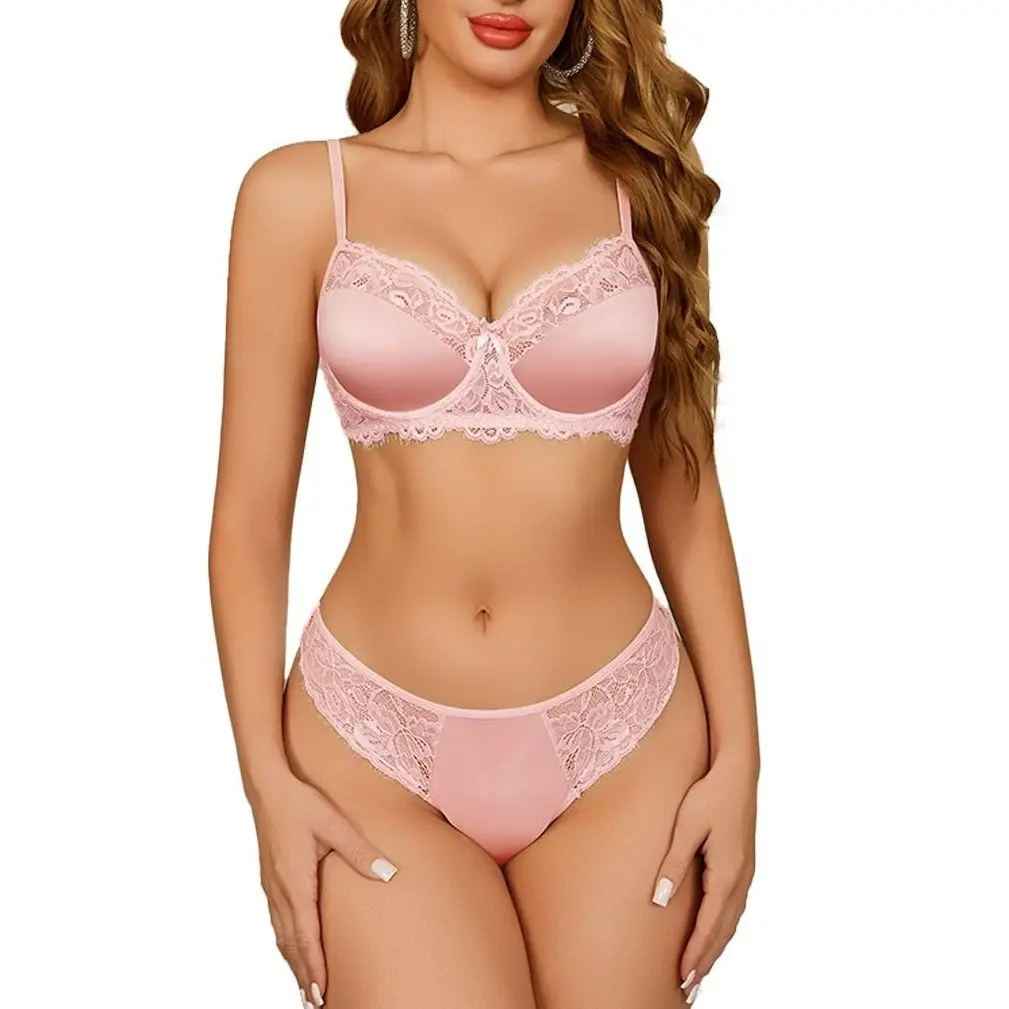 Avidlove Lingerie Sets for Women Underwire Bra and Pany Set Floral Lace 2 Pieces Underwear Satin Lingerie Outfit