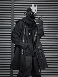 HiJ34 Black Techwear Cargo Trench Coat