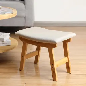 Bamboo Foot Stools Ottoman, Beige Cushion & Natural Wood Legs, Small Ottoman Foot Rest for Couch
