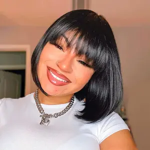 LADIARYF Short Bob Wig Human Hair With Bangs 8 Inch Straight Bob Wig Wear and Go Natural Black Machine Made None Lace Front Wigs