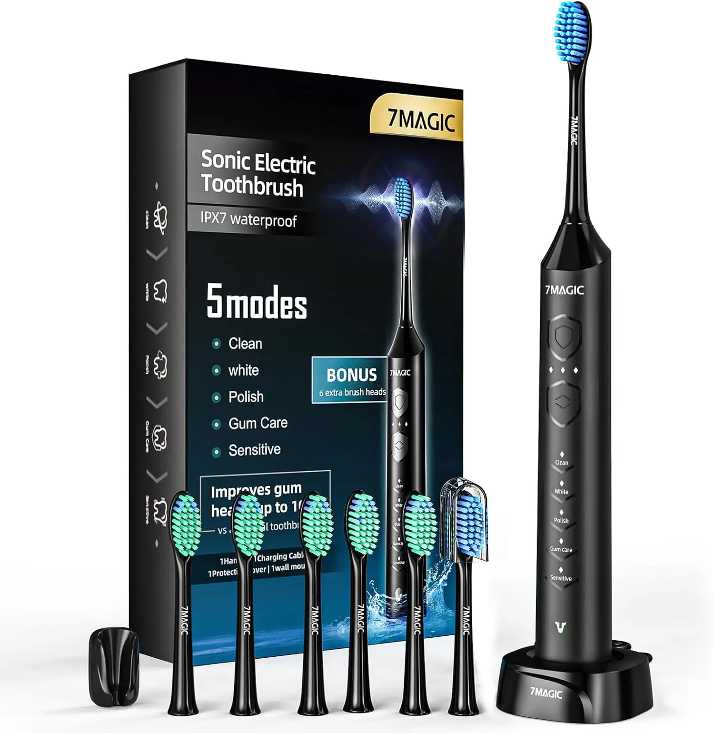 7MAGIC Electric Toothbrush for Adults, Sonic Toothbrush with 3 Intensity Levels & 5 Modes, One Charge for 60 Days, Rechargeable Electric Toothbrush wi