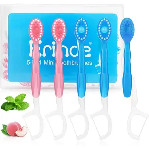 Erinde 5 in 1 Mini Disposable Toothbrushes with Toothpaste + Tongue Scraper + Picks + Floss Travel Case, Prepasted Travel Toothbrushes Pick for Work or Travel, Soft Brushes, 12 Count (Mint & Peach)