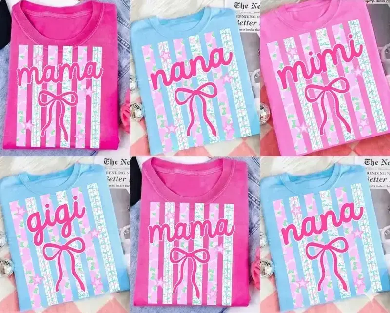 Comfort Colors Mama Nana Mimi Gigi T-Shirt , Personalized Family Name Graphic With Pastel Stripes And Bow , Cute Coquette Mom And Grandma Shirt , Matching Family Tee , Gift For Mothers And Grandmothers