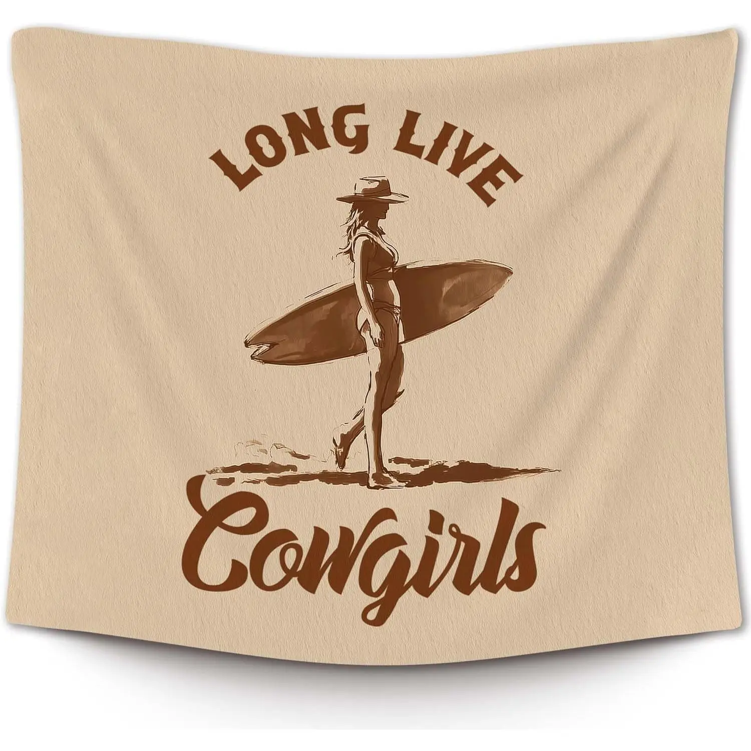 50x60in Linen Print Western Coastal Cowgirl Surf Wall Tapestry - Peach Mat Photo Cloth Art, Americana Artwork Tapestries for Bedroom, Beach House Daily Decor