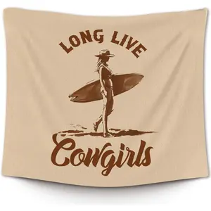 50x60in Linen Print Western Coastal Cowgirl Surf Wall Tapestry - Peach Mat Photo Cloth Art, Americana Artwork Tapestries for Bedroom, Beach House Daily Decor