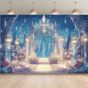 2D flat banner, 1 piece. Decorated with a magnificent background of an ice castle. Suitable for various occasions such as weddings, birthdays, bachelor parties, and ice-themed parties. Polyester fiber background fabric available in multiple sizes. dyz