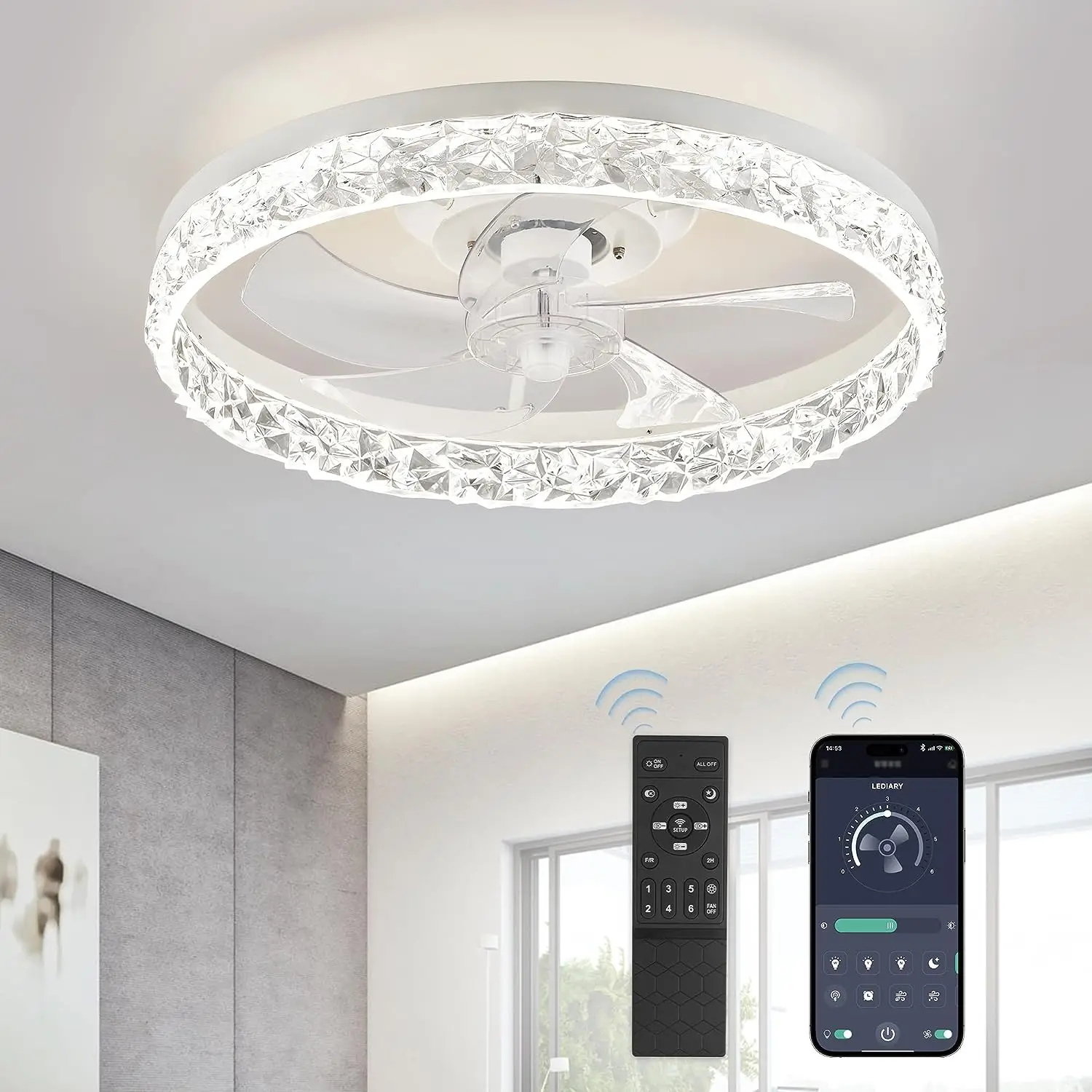 Modern Ceiling Fan with Lights and Remote, Dimmable LED Low Profile Flush Mount Bladeless Fans, Air Circulation 6 Speeds & 3 Color for indoor Bedroom