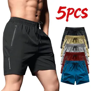 Pack of 5 - Men's Casual Athletic Shorts,Value Pack Americano， Wrinkle-Resistant Polyester Blend Fabric, Loose Drawstring Waistband, Solid Color, Suitable for Gym, Outdoor Activities, and Everyday Wear, Simple Design | Smooth Texture