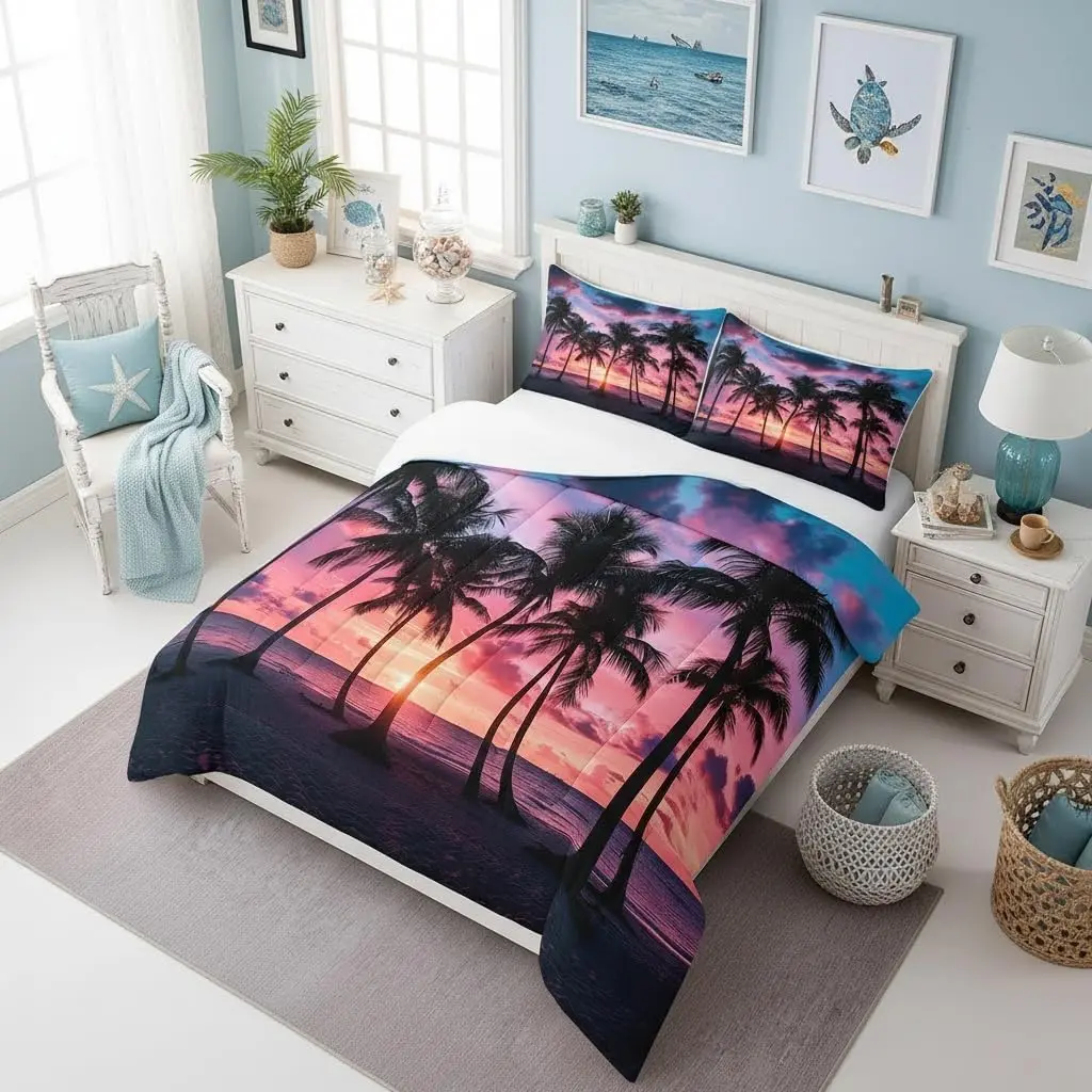 Palm Trees Silhouette Comforter Set Adults,Watercolor Summer Hawaii Beach Sunset Bedding Comforter Sets,Dreamy Sky Sea Ocean Coastal Quilt Comforter