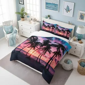 Palm Trees Silhouette Comforter Set Adults,Watercolor Summer Hawaii Beach Sunset Bedding Comforter Sets,Dreamy Sky Sea Ocean Coastal Quilt Comforter