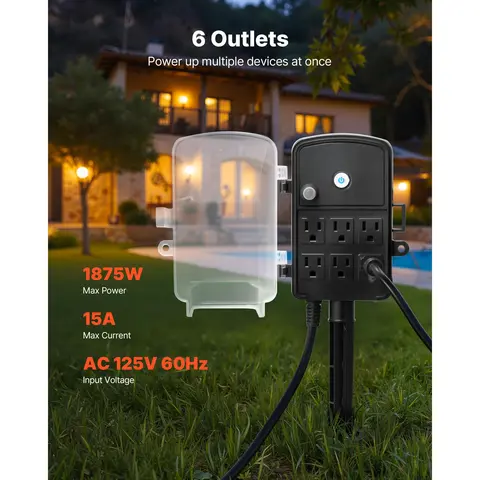 VEVOR Outdoor Weatherproof Power Stake with Weatherproof Cover, 25 ft Wired Cable, 6 Outlets, 15A/1875W, 15A Overload Protection, Grounded Wire, Plug-In Multi-Outlet Yard Mount Accessory for Backyard Parties, Christmas Lights