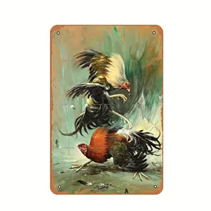 Metal Rooster Fight Tin Sign - 8x12 Inches Wall Hanging Art for Man Cave - Vintage Retro Multipurpose Decor in English Language