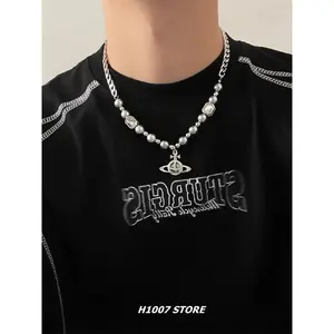 Fashionable Saturn Gray Pearl Pendant Necklace Unisex Hip-Hop Style & Sweater Chain Accessory Charm Necklaces Elevate Everyday Outfits with This Delicate, Trendy Jewelry Gift