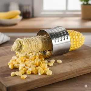 Stainless Steel Corn Sheller with Splash Guard: Non-Slip Handle Camping kitchen tool for Efficient Corn Shucking & processing.