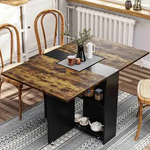 SIKAIC Folding Dining Table with Storage Shelf, Brown and Black Extendable Kitchen Table for Small Space, Modern Dining Furniture