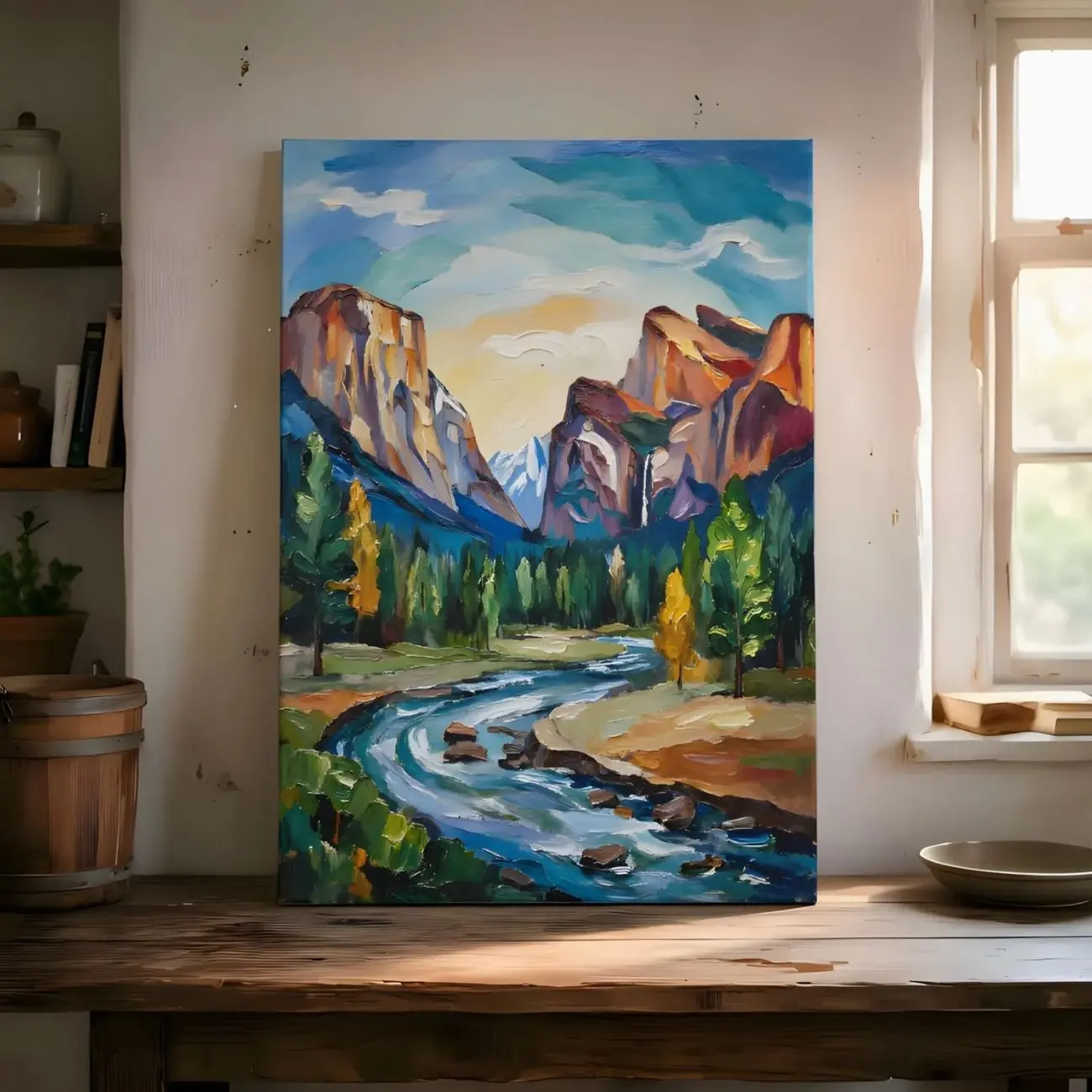 Abstract Mountain Landscape Canvas Wall Art, Scenic River and Pine Forest Artwork, Rustic Nature Decor for Cabin or Cozy Home