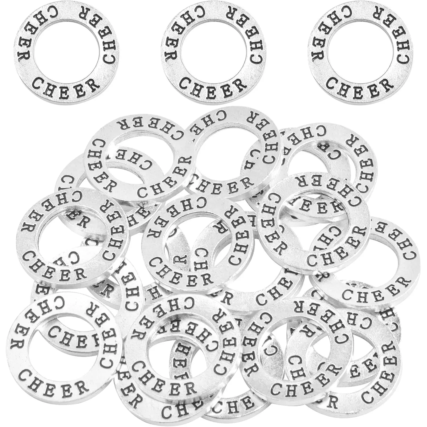 20pcs Circle Cheer Charms Connectors Alloy Round Engraved Word Cheer Stamped Pendants for DIY Necklace Bracelet Jewelry Making Cheering Gifts,Antique Silver