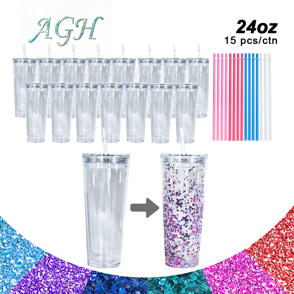 AGH 15pcs 24 oz Plastic Double Wall Tumbler Snow Globe Acrylic Cup Tumbler with Clear Lids & Coloring Straw Drinkware Bottle Water Bottles Halloween