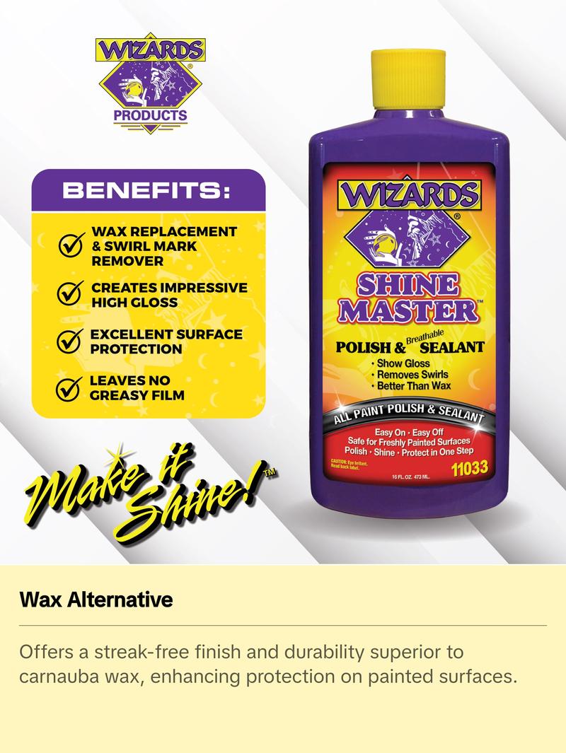 Wizards Shine Master Polish and Sealant - Cleans, Polishes and Seals Paint in One - Non-Carnauba Wax-Based Boat Water Spot Remover - Wax Replacement for Boat and Car Detailing Supplies Wizards Shine Master Polish and Sealant - Cleans, Polishes and Seals Paint in One - Non-Carnauba Wax-Based Boat Water Spot Remover - Wax Replacement for Boat and Car Detailing Supplies