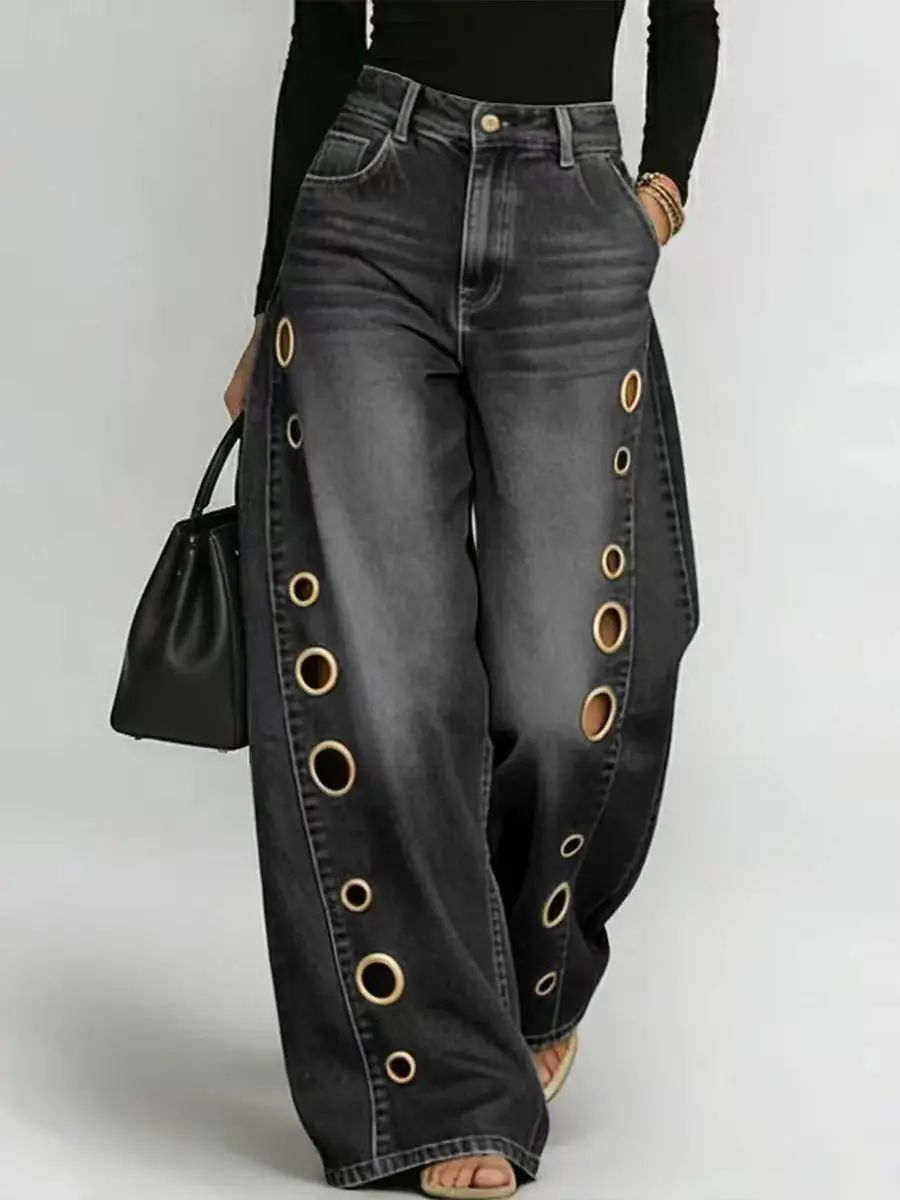 Women’s gold eyelet cutout high-waisted jeans, vintage wide-leg denim pants, Y2K street casual loose fit trousers Pants Pants Pants Outdoor Outdoor Fashion