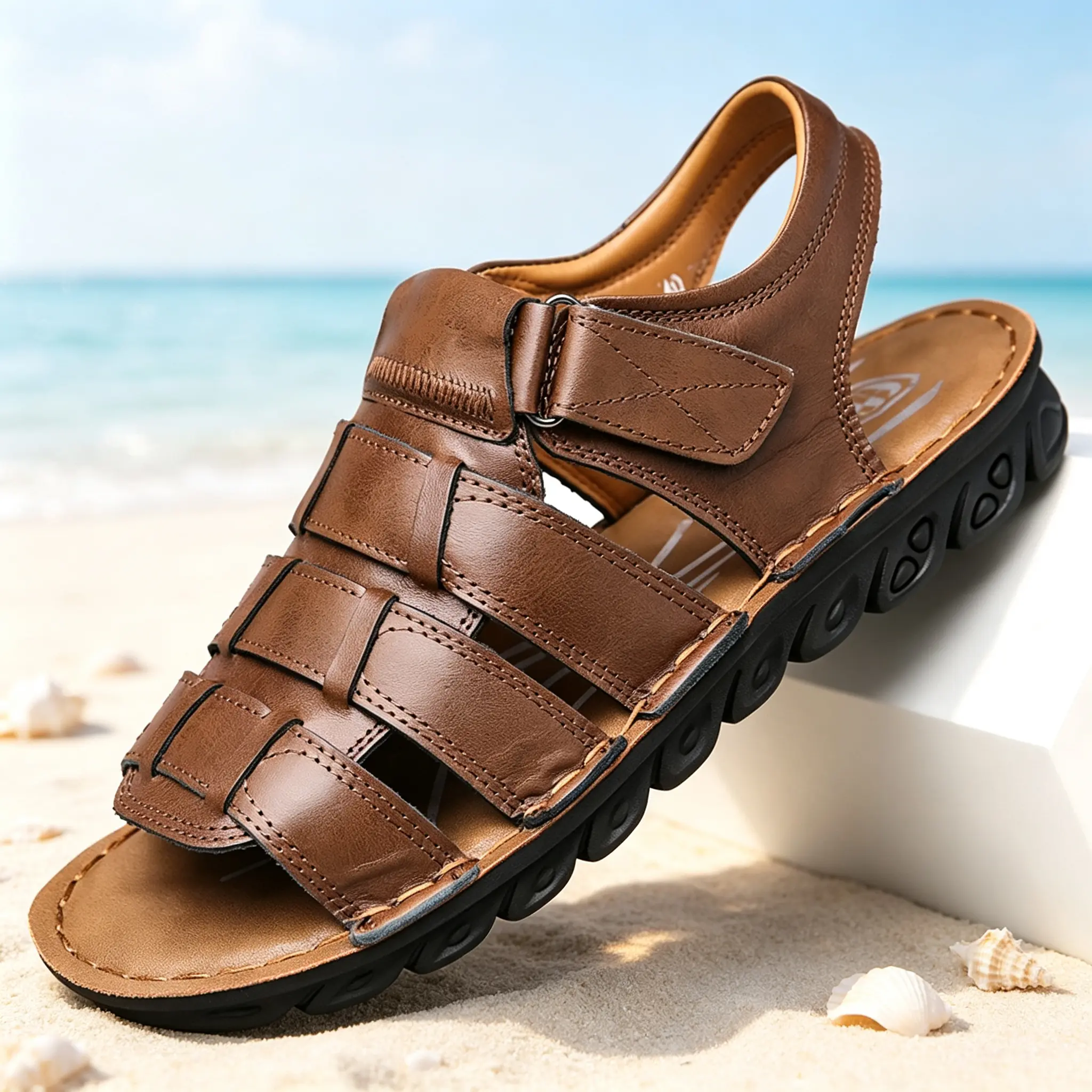 Men’s casual round-toe sandals — genuine leather upper, breathable and lightweight, with adjustable straps; non-slip, shock-absorbing rubber sole for outdoor beach wear; trendy summer footwear, lightweight beach shoes suitable for strolling on the beach.