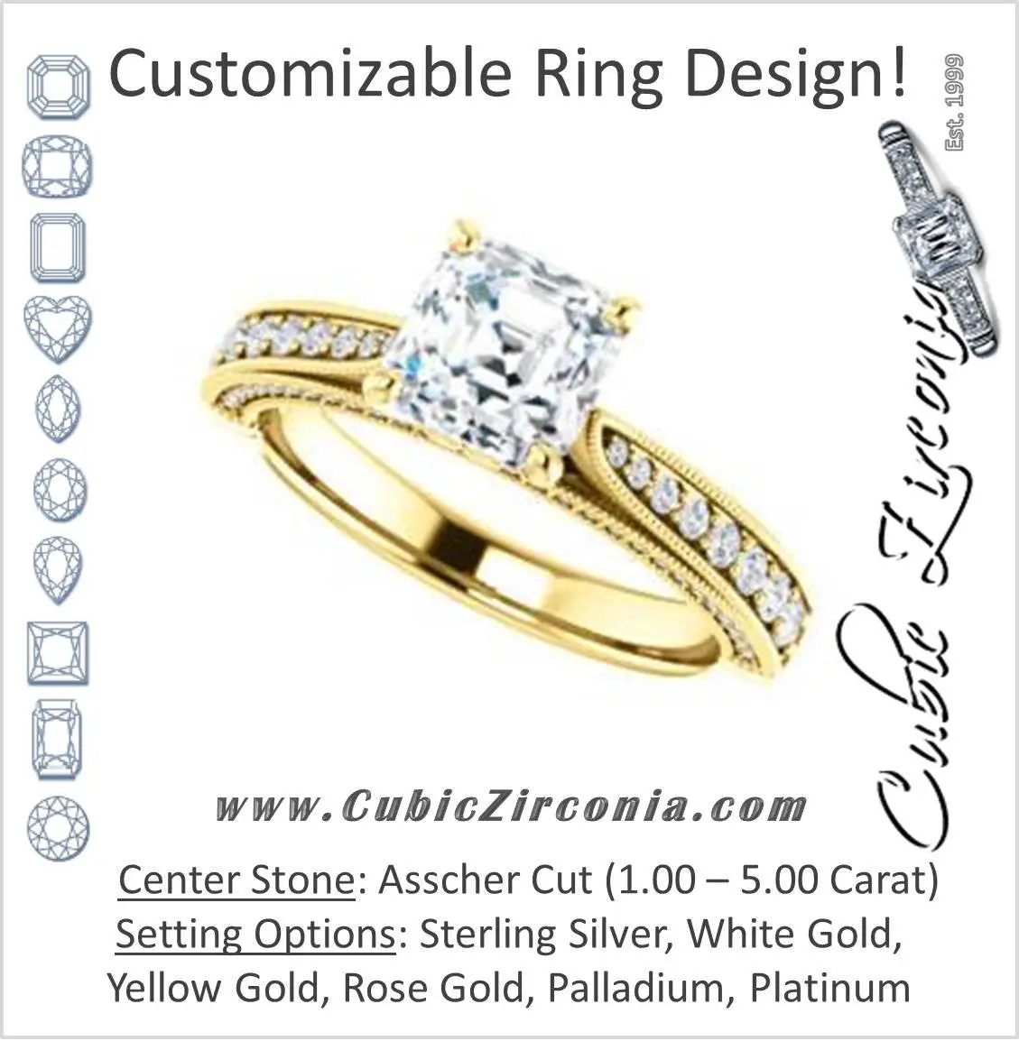 Cubic Zirconia Engagement Ring- The Claudia Jeanine (Customizable Asscher Cut Three Sided Band)