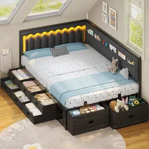 ADORNEVE Full Corner Bed Frame with 8 Drawers, 6 Storage Pockets, Full Daybed with Storage and RGB Wave Lights, Platform Bed with L-Shaped Upholstered Guardrail for Kids Teen