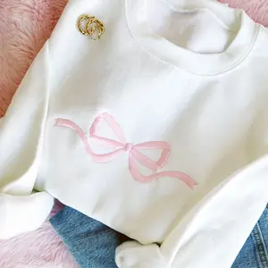 Embroidered Pink Bow Sweatshirt, Pink Ribbon Crewneck Sweatshirt, Coquette Style Sweater, Embroidery Coquette Bow T-Shirt, Embroidered Pink Ribbon Tee Shirt