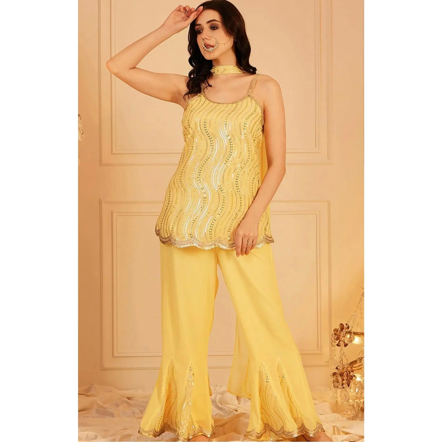 Yellow Sleeveless Sequinned Kurti With Pant & Dupatta