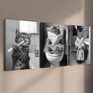 Cat in Bathroom Fun Pattern Canvas Painting with Frame, 3 Counts Creative Design Wall Art, Wall Decor for Home Living Room Bedroom Office, Ornaments, Home Decor Accessory