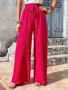 Women's Textured Wide Leg Pants - Casual High Waisted Bubble Seersucker Palazzo Trousers, Loose Fit Flowy Summer Lounge Pants with Pockets GSB activewear