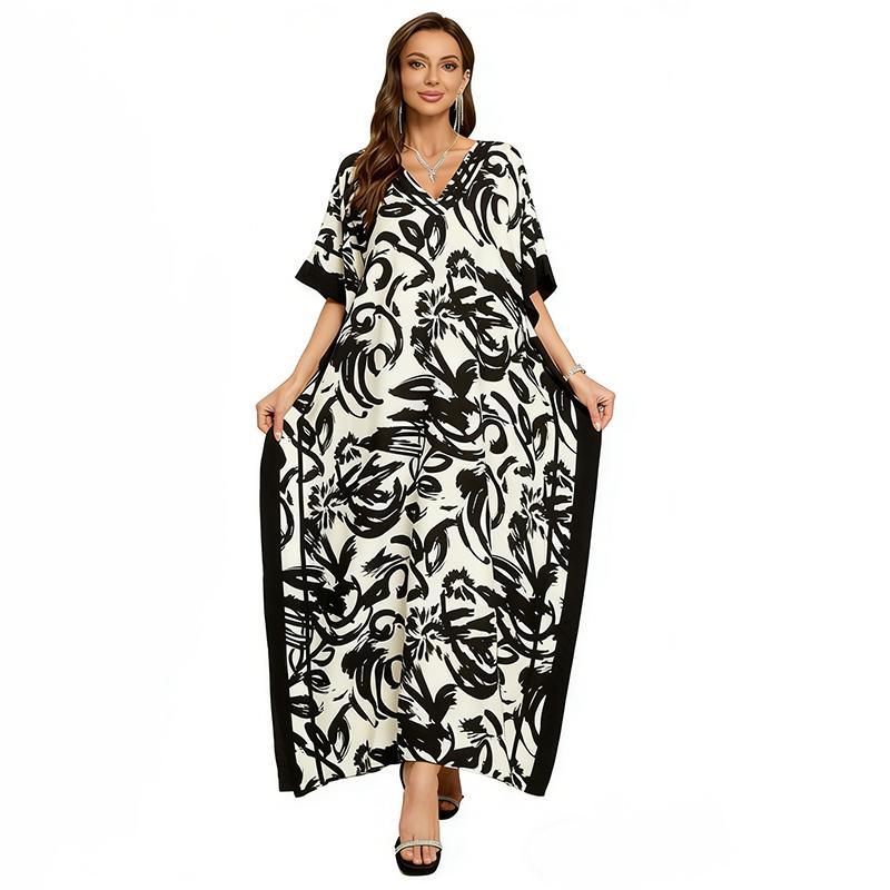Women's Viscose Bohemian Caftan Dress - V-Neck Loose Tops Women, Lightweight Breathable Fabric, Batwing Sleeves, Ethnic Print, Classic Oversized Maxi, All Seasons Hand Wash Loungewear, Beach Holiday Cover Up, Abstract Black