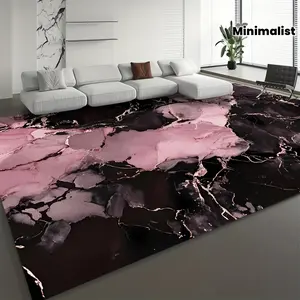 Velvet Oversized Carpet with Pink & Black Marble Pattern Minimalist Design Machine Washable Non-Slip Lightweight Durable for Bedroom Living Room Office Game Room