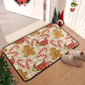 Christmas Theme Entryway Mat, Gingerbread Design, Vintage Cane Candy Pattern, Soft Non-Slip Washable Rug, Holiday Home Decor
