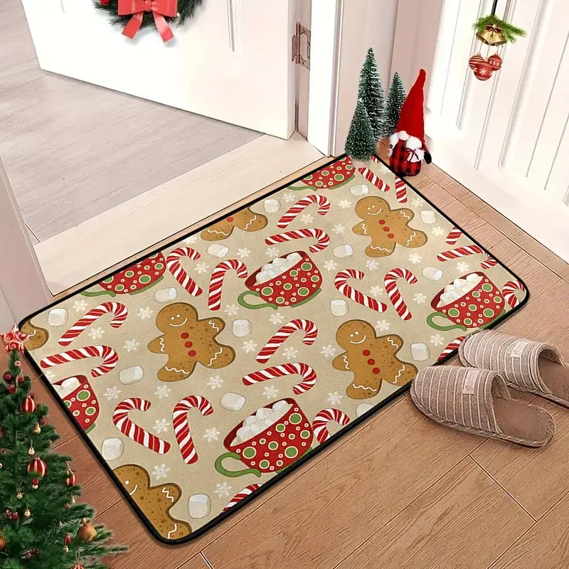 Christmas Theme Entryway Mat, Gingerbread Design, Vintage Cane Candy Pattern, Soft Non-Slip Washable Rug, Holiday Home Decor