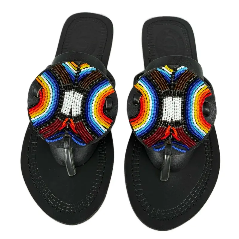 Beaded Handcrafted Leather Sandals with Colorful Rainbow Bead Design and Black Sole Women Shoe Flat