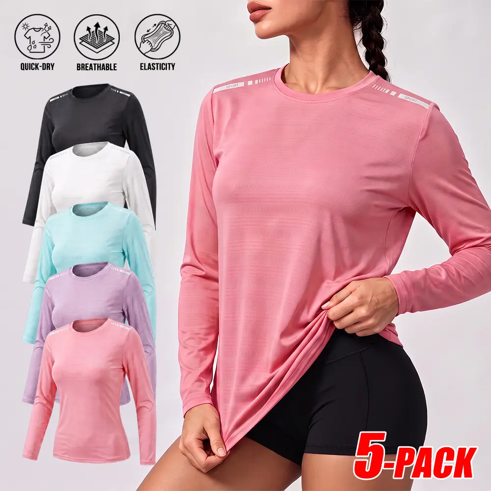 5-PACK All-Weather Quick Dry Breathable Long Sleeve Shirts, Travel-Friendly Packable Wrinkle-Free Portable Fabric, Must-Have Luggage Item For Outdoor Travel Packing, Cross-Season Layering And Multi-Purpose Sport Casual Value Pack