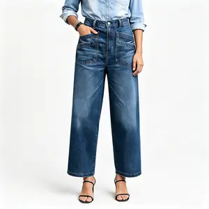 Women's High Waist Wide Leg Stretch Denim Pants - Comfortable, Soft, Breathable, Loose Fit Basic Minimalist Womenswear Bottom for Casual Wear